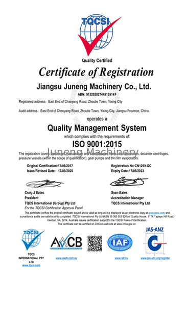 China Juneng Machinery (China) Co., Ltd. certification
